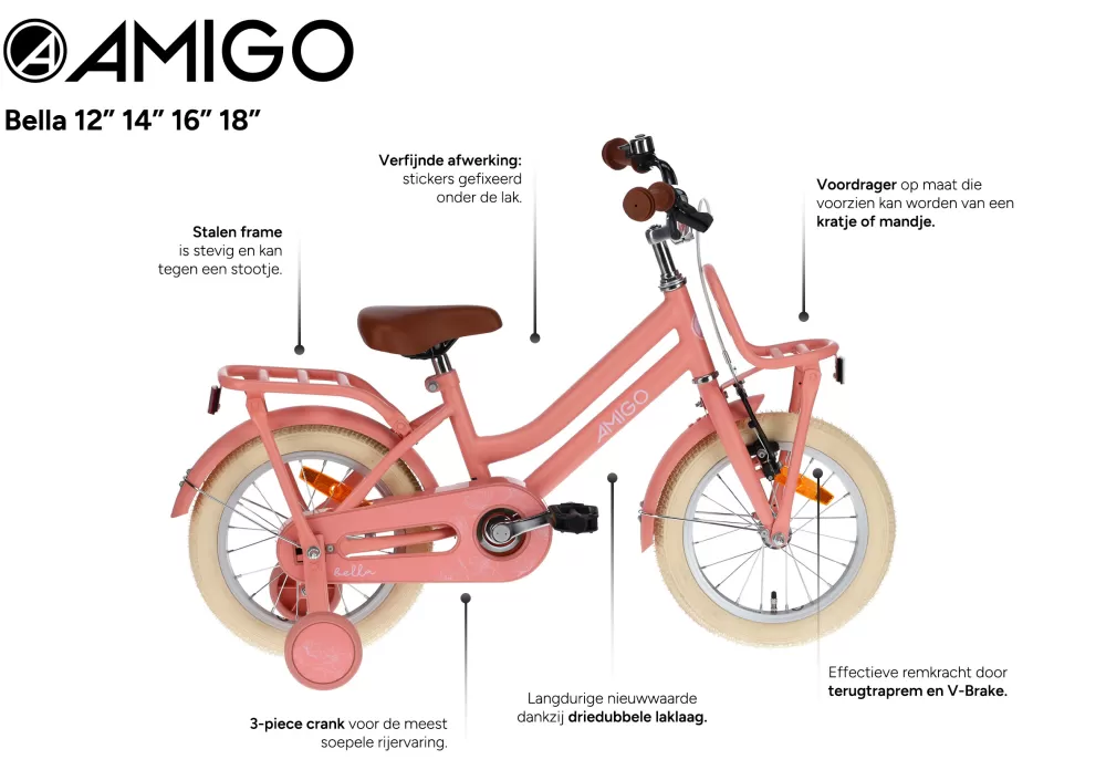 Bella-S2 12 Inch 21 Cm Meisjes Terugtraprem Zalmroze^AMIGO New