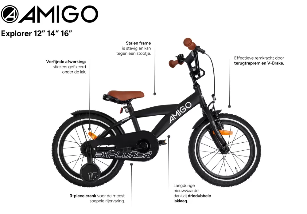 Explorer 16 Inch Jongens Terugtraprem Zwart/Wit^AMIGO Online