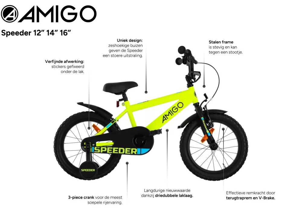 Speeder 14 Inch Jongens Terugtraprem Geel/Zwart^AMIGO Fashion