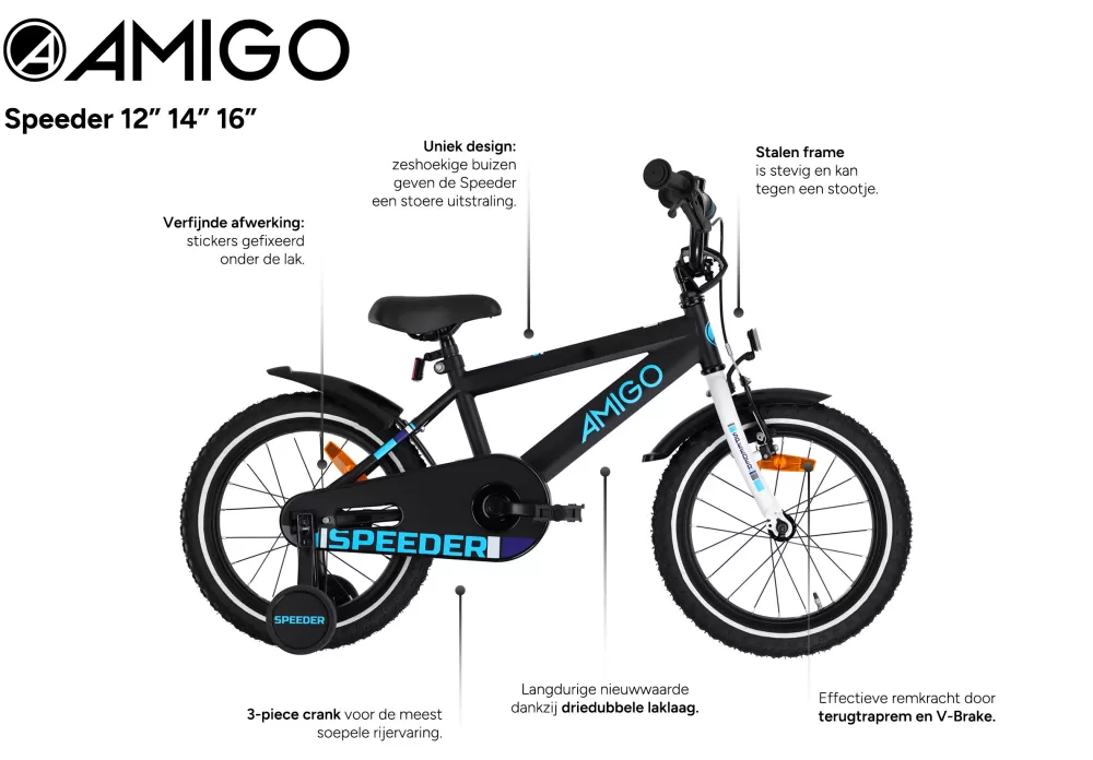 Speeder 16 Inch Jongens Terugtraprem Zwart/Blauw^AMIGO Hot