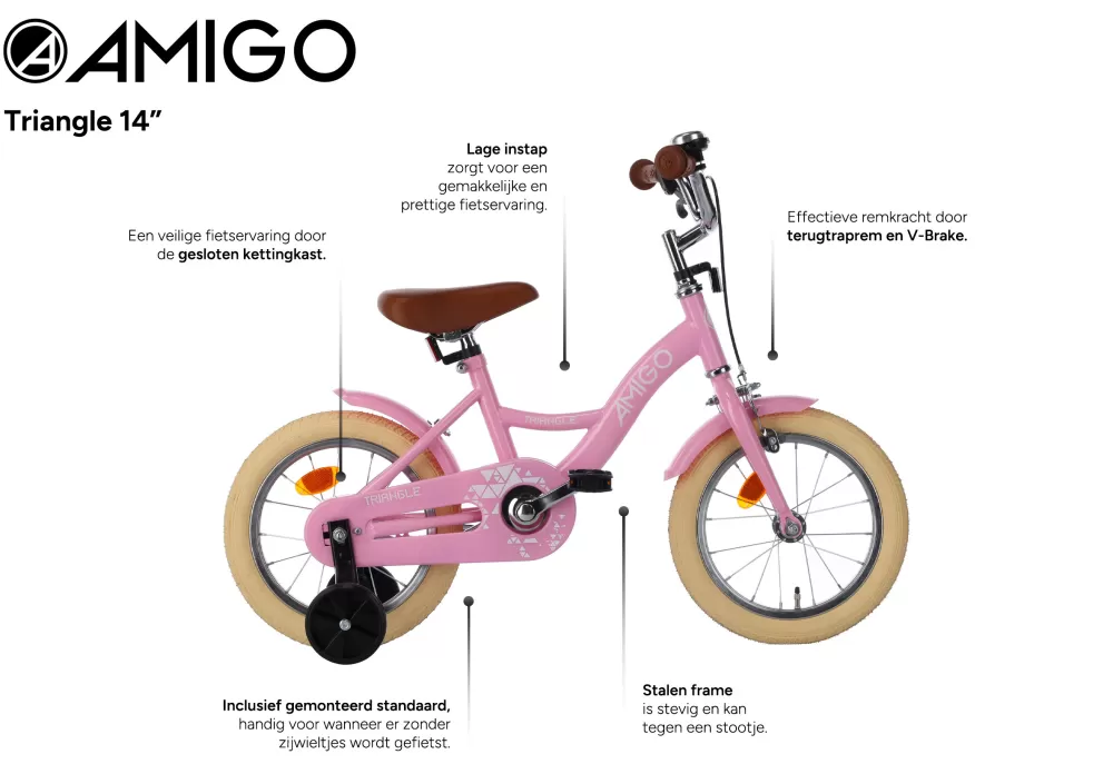 Triangle 14 Inch Meisjes Terugtraprem Roze^AMIGO Best Sale